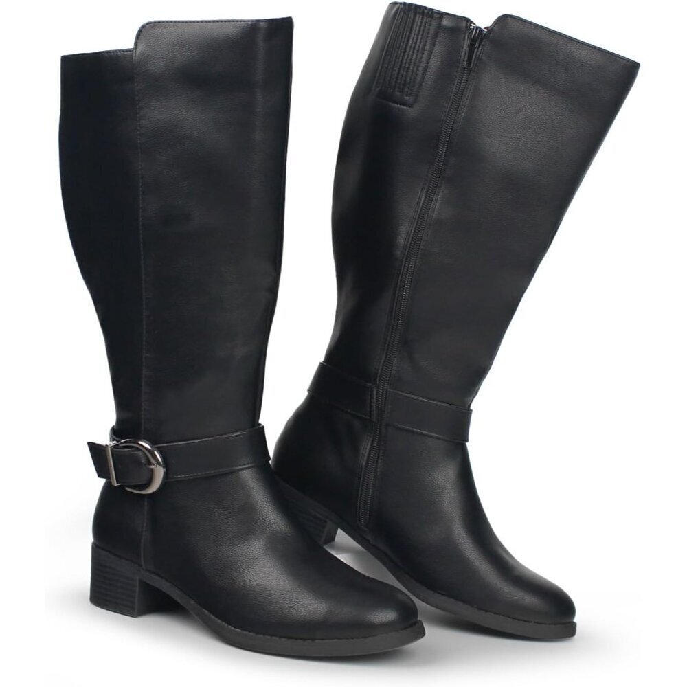 Women's Extra Wide Calf Pull On Side Zipper Zip Closure Knee High Black Boots